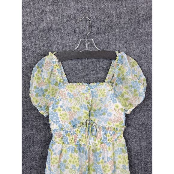 Maden NYC Junior's Green and Blue Floral Smocked Cut-out Mini Dress Puff Sleeve - Picture 2 of 12